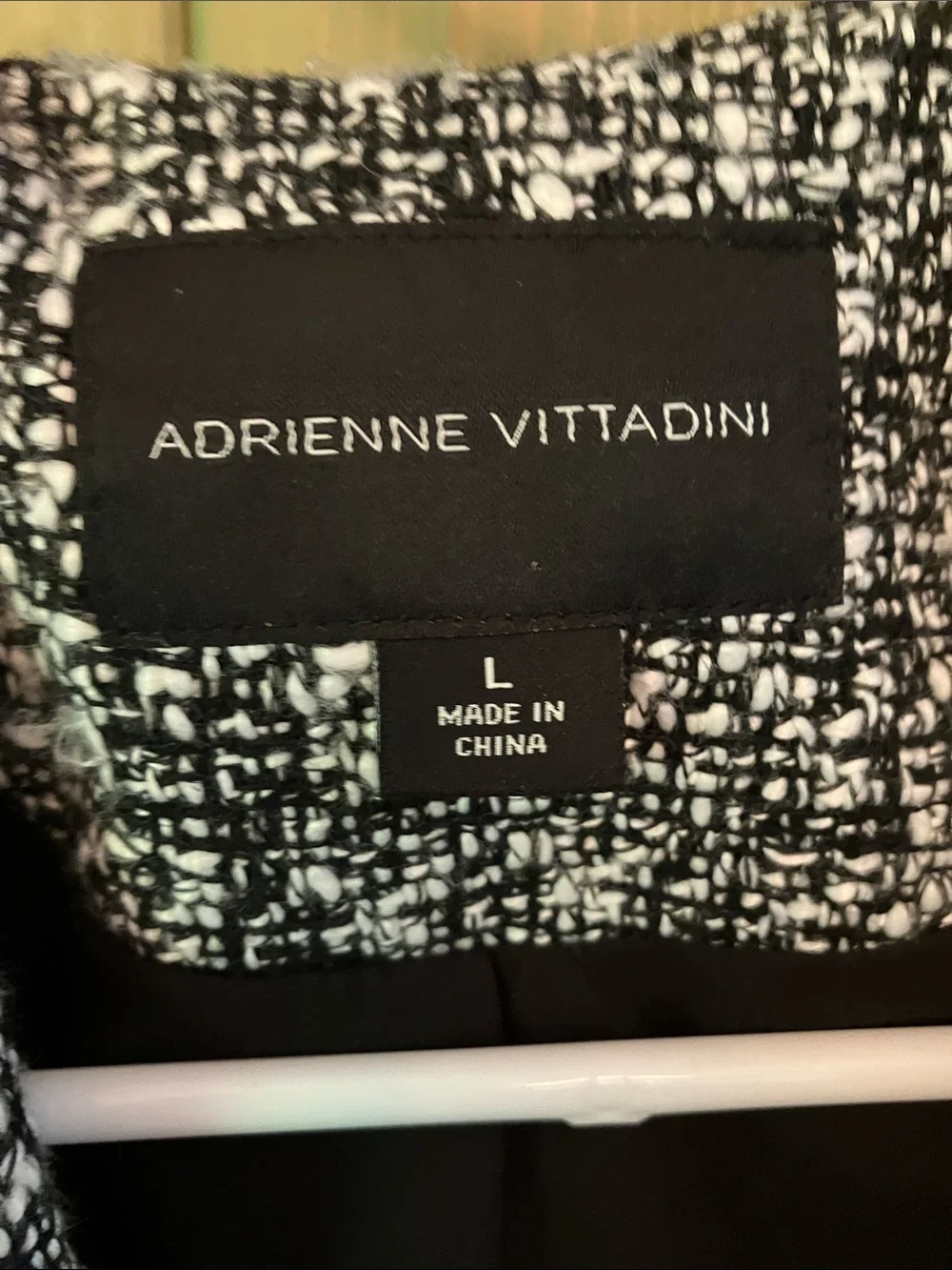 Adrienne Vittadini Women’s Sz L Black & White Tweed Pattern Open Front Jacket